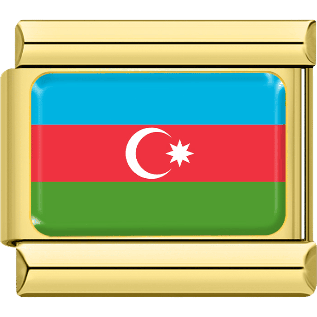 Gold rectangular Italian charm bracelet link featuring the flag of Azerbaijan, with blue, red, and green horizontal stripes, and a white crescent moon and an eight-pointed star in the center.